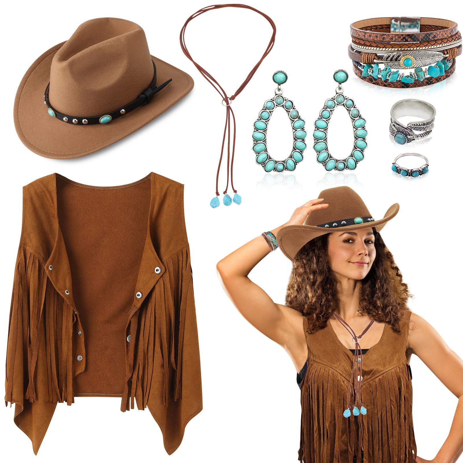 7Pcs Western Cowgirl Costume Set, 70s Hippie Fancy Dress Accessories for Women with Tassel Vest Cowgirl Hat Turquoise Necklace Earrings Rings Bracelets for Cosplay Carnival Halloween