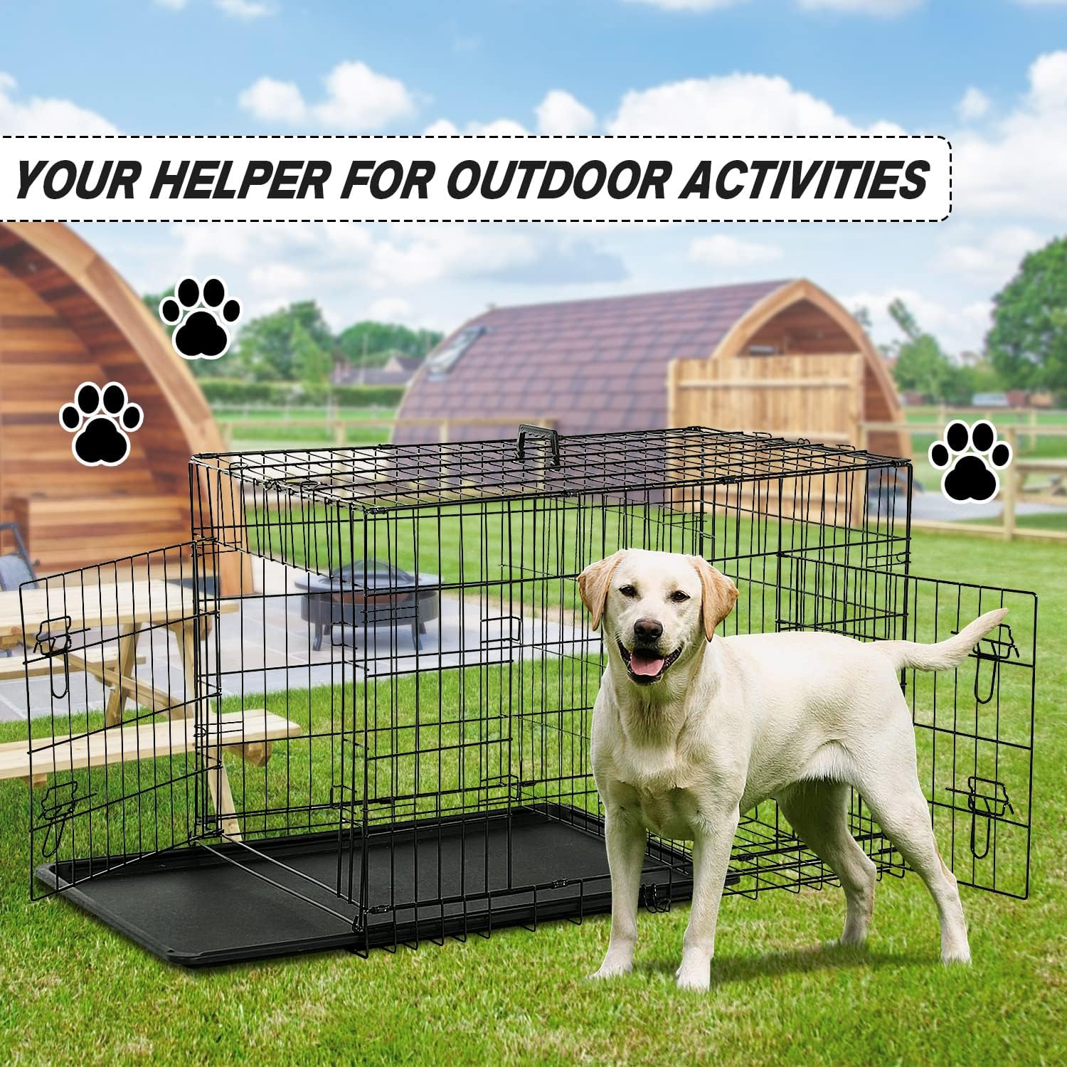 Dog Crate,Dog Kennel, Metal Crate 42 Inch Double Door Foldable Puppy Supplies Cage with Divider Panel, Handle, Plastic Tray for Pet Animals Outdoor Indoor (42 Inch)
