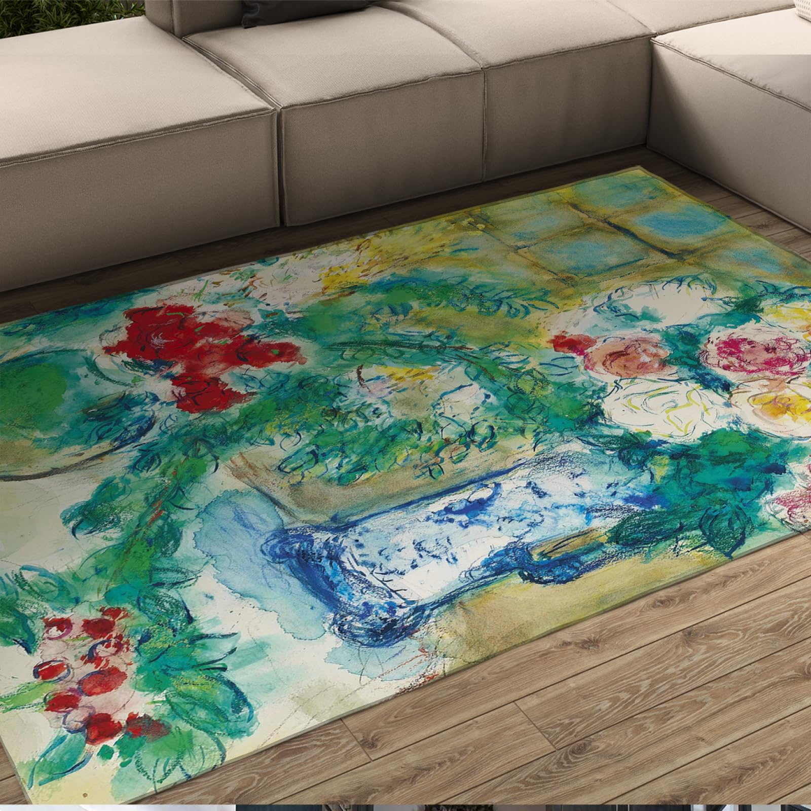 クリーム色とダークグリーンの花柄ラグ 78c x 118cm