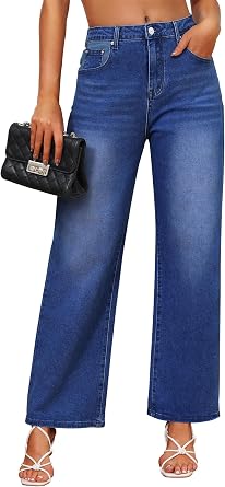 Genleck Womens Wide Leg Baggy Jeans High Waisted Stretch Loose Jeans Trendy Denim Pants