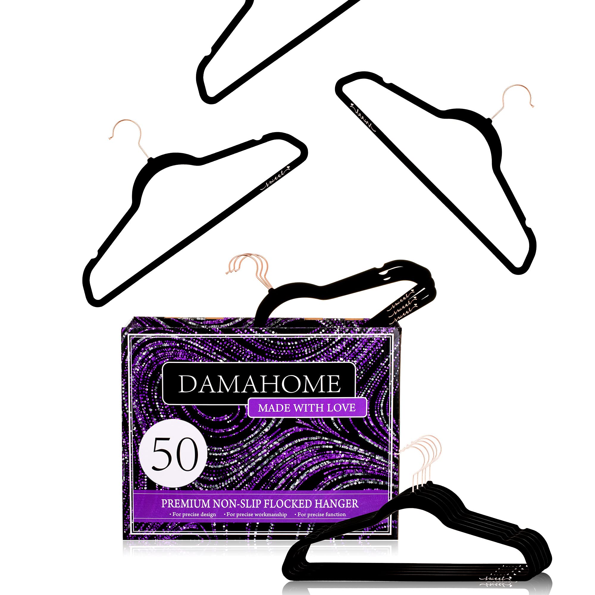 DAMAHOME 50PK Black Velvet Hangers - Non Slip Space Saving Suit Clothes Hangers, Durable&Ultra Thin Coat Hanger, Gold 360°Swivel Hook