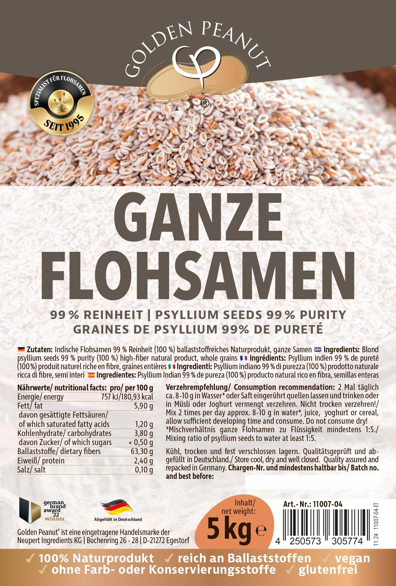 GOLDEN PEANUT Flohsamen ganz 5 kg - 99% Reinheit, ballaststoffreich, ohne Zusätze, qualitätsgeprüft aus Indien, glutenfreie Backzutat