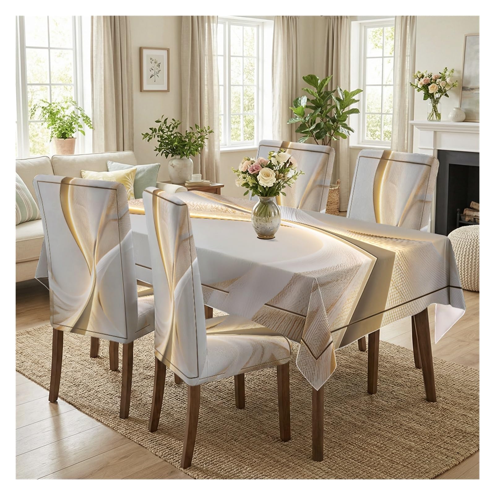 KXUAUV White Gold Abstract Wave Line Print Stretch Dining Chair Slipcover & Tablecloth Set, Modern Luxury Minimalist Dining Decor, 5/7 Pack Party Decor(5pcs Set: Tablecloth+Chair Covers)