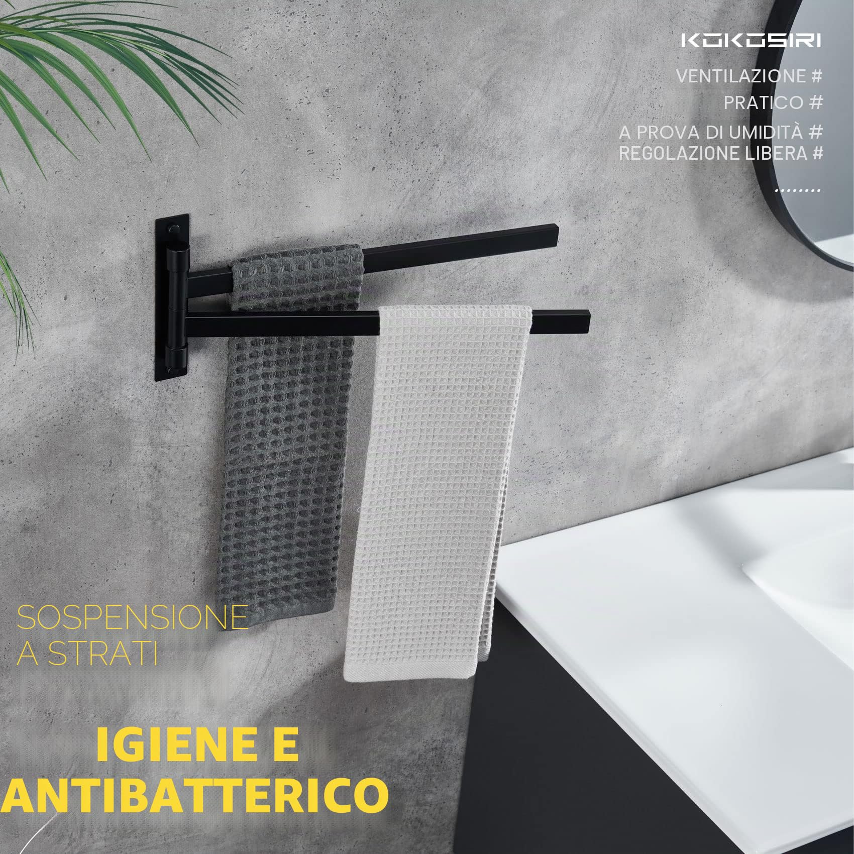 KOKOSIRI, Portasciugamani da bagno girevole, nero opaco, 2 braccia per bagno, cucina, parete, in acciaio inox B5007BK-A2