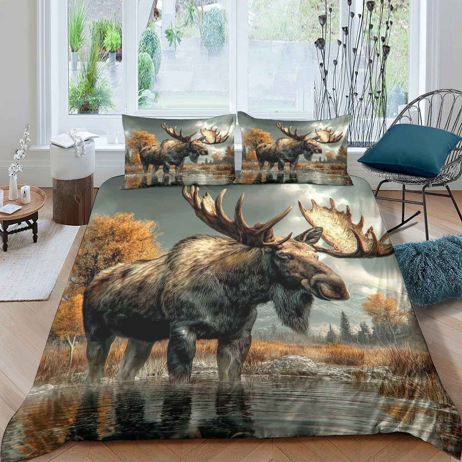 XFKLYNVCJ 3D Printed Moose in water Comforter Cover Brushed Microfiber Wildlife nature scene Bedding Cover Lightweight Easy Care for Housewarming Gift New Homeowners Bedding Use Single（140x200cm）