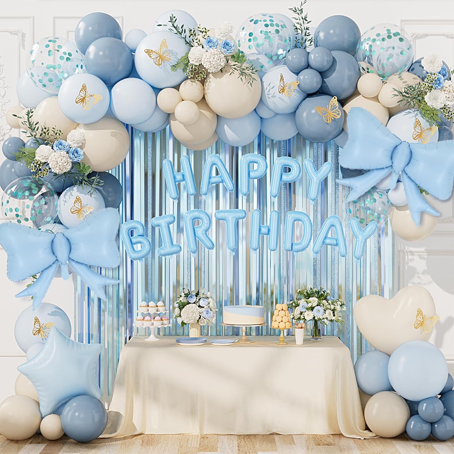 DBKL Blue Birthday Decorations, Light Dusty blue Ivory White Confetti Bow Foil Balloons with Happy Birthday Banner, Green Fringe Curtain Butterfly Decorations for Women Men Boys Girls
