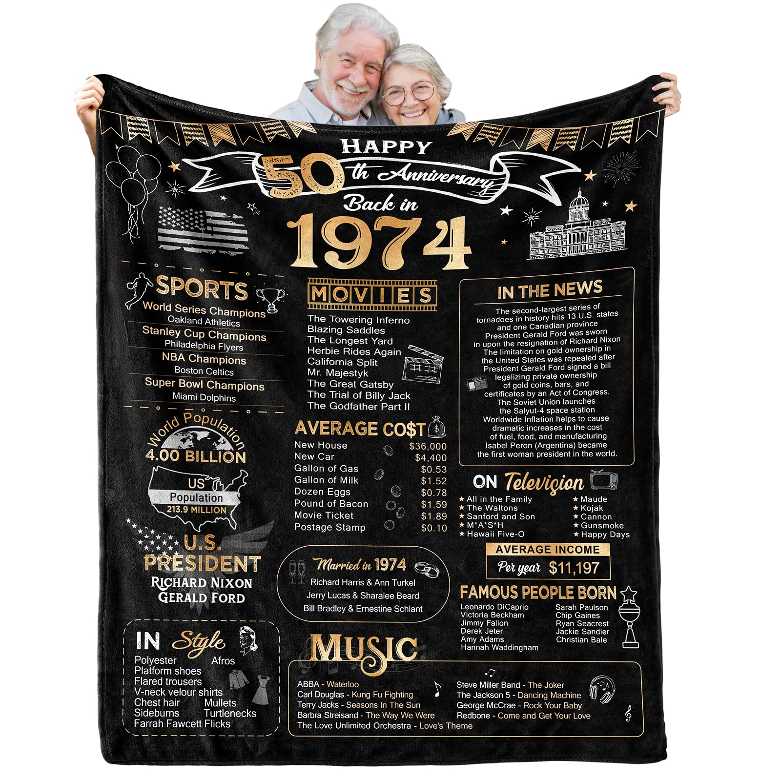 50th Anniversary Blanket Gifts Gift for 50th Wedding Anniversary Golden 50 Years of Marriage Gifts for Couple Wife Husband Dad Mom Parents Grandpa Grandma Grandparents Back in 1974 Blanket 60Lx50W