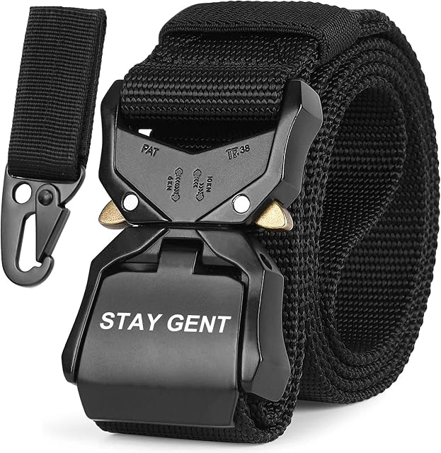 STAY GENT Tactical Belt for Men, Black Quick Release Military Style Belts with Buckle, Heavy Duty Nylon Webbing Work Belt for Outdoor Activities and Utility
