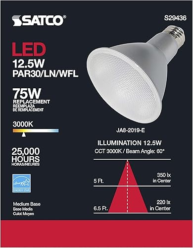 Miniatura 6 de Satco S29436 - Bombilla LED PAR30LN de 12,5 W y 120 voltios; luz blanca suave de 3000 K; 1000 lúmenes; ángulo de haz de 60 grados; base mediana E26
