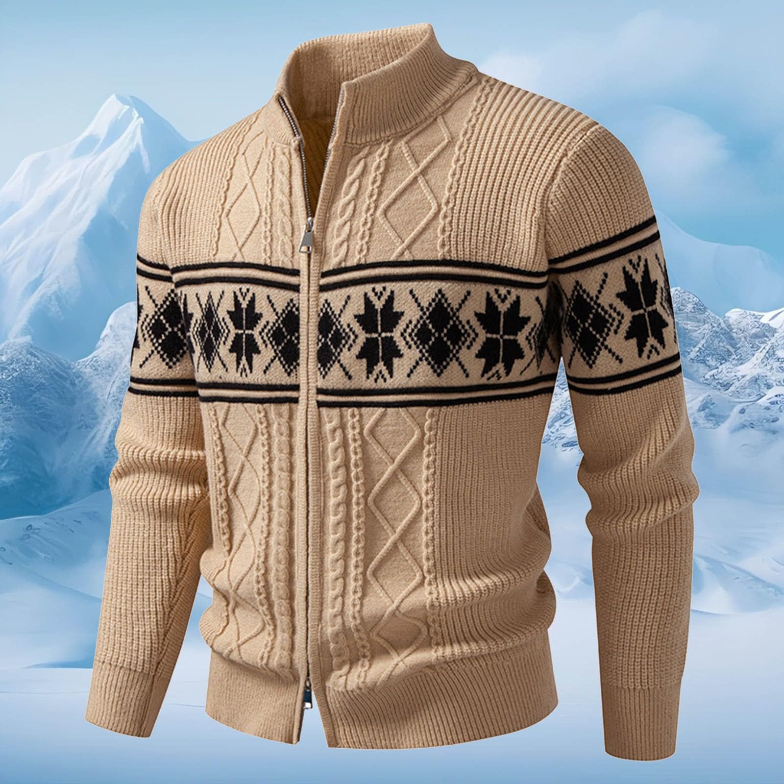 Cappotto in maglia jacquard con collo alto, caldo e strutturato, modello pullover, capospalla per stile casual.