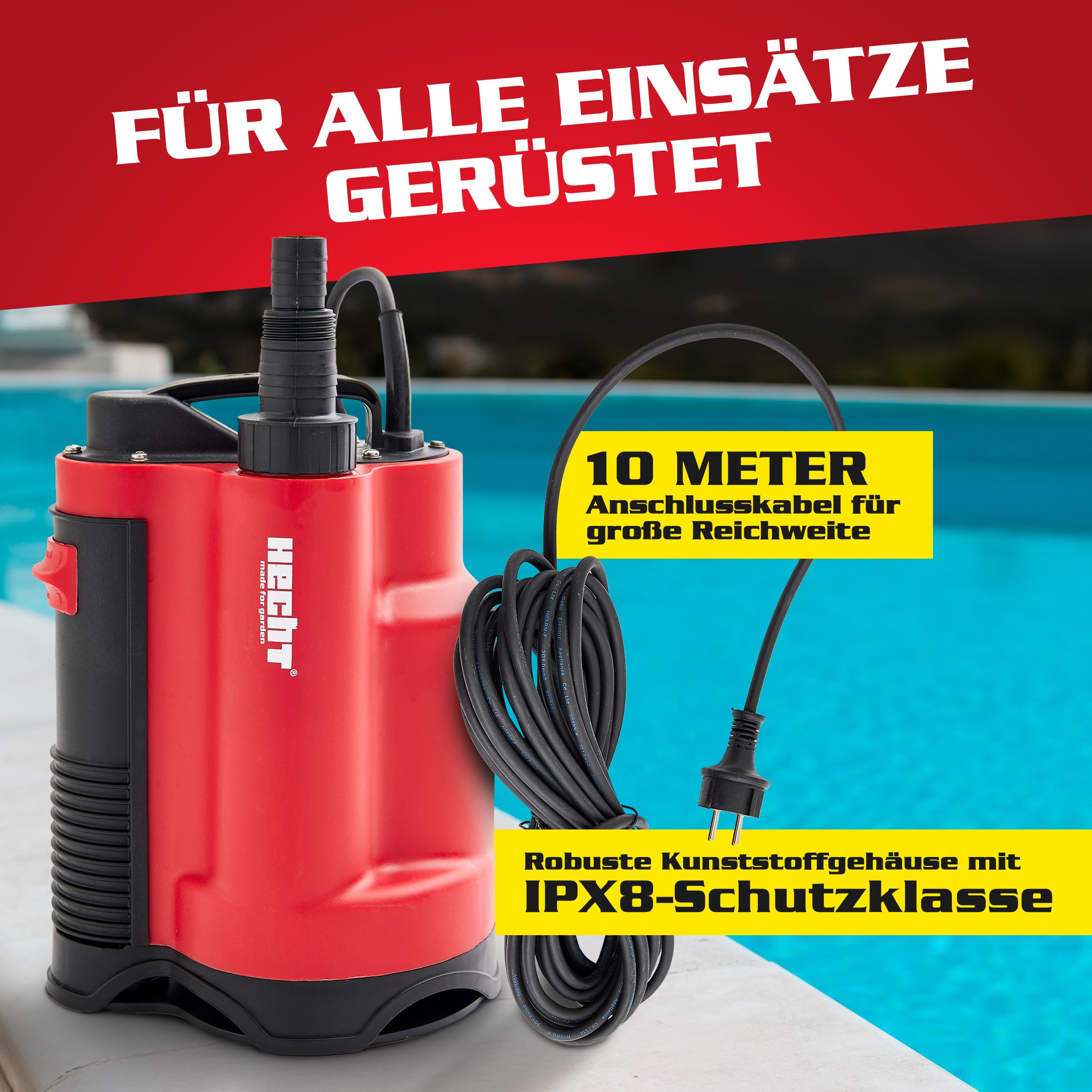 HECHT Tauchpumpe 750 W – 13 000 l/h Schmutzwasser & Klarwasser Automatik-Schwimmerschalter – Bis 9 m Förderhöhe - Wasserpumpe für Keller, Pool, Regentonne & Garten – zum Aus- & Abpumpen