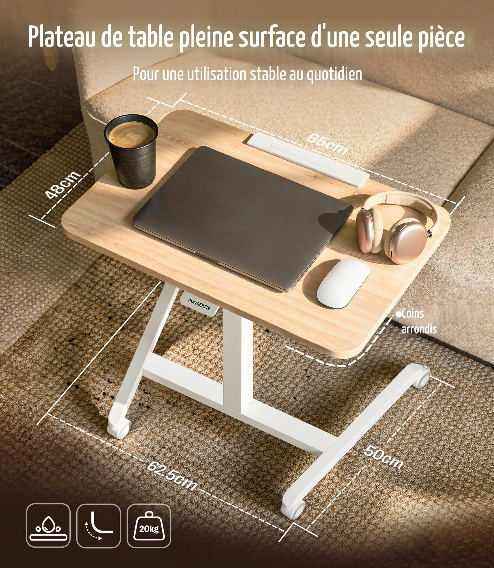 MAIDeSITe Table d’appoint Mobile avec roulettes, réglable en Hauteur 76–110 cm, Plateau inclinable Pliable, Table pour Ordinateur Portable, Bureau Assis-Debout pour télétravail et Maison（Chêne）