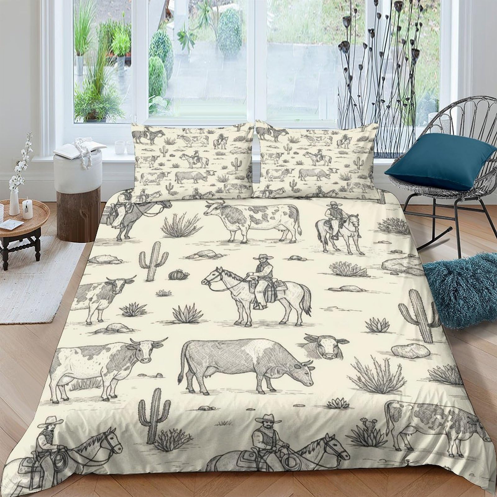 Ctjqhvkz Style-2 3D Printed Western Cowboy Fitted Sheet Microfiber Soft Beige Cactus Bull Mattress Cover Bedroom Decor Washable Single（135X200cm）