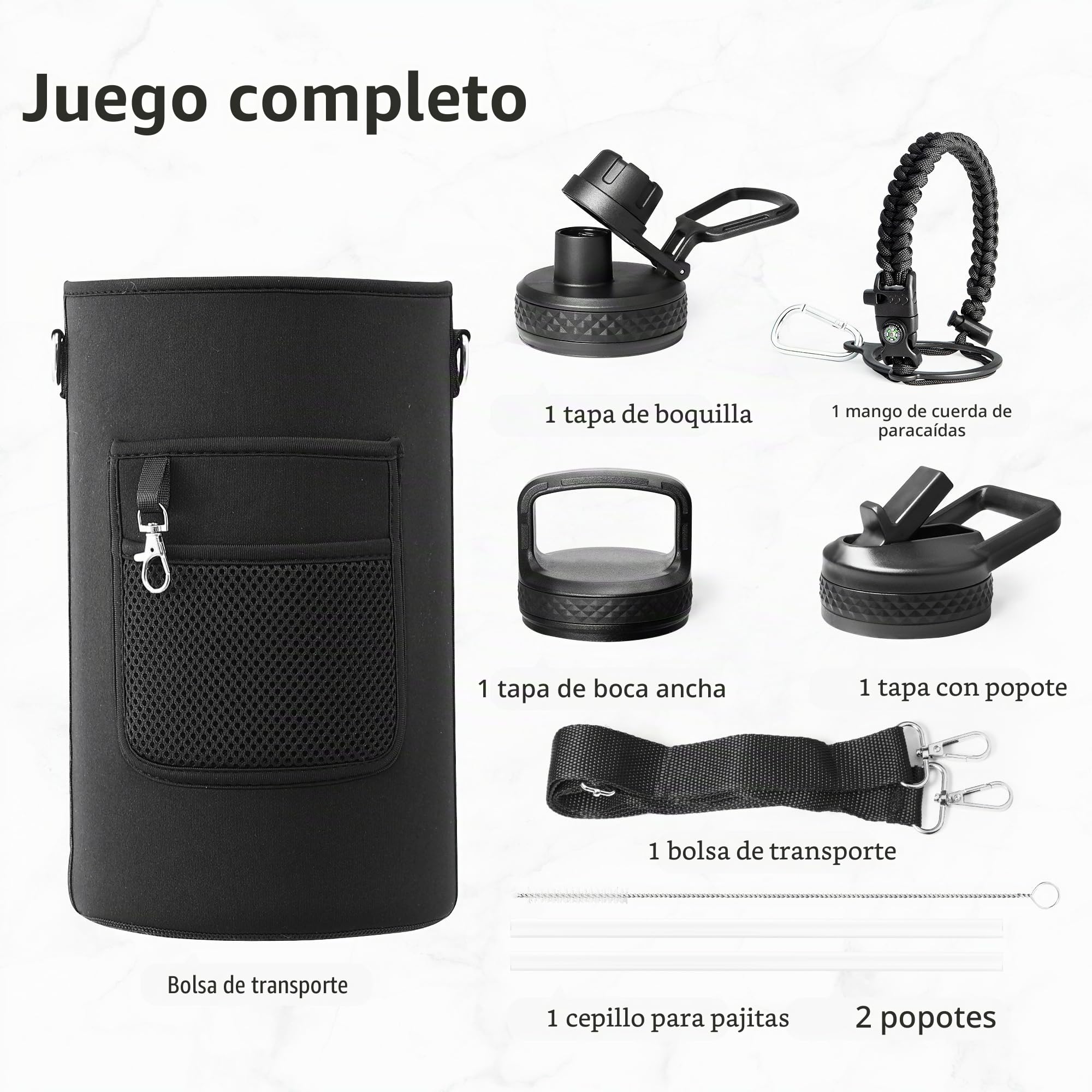 Trebo Botella de agua térmica con pajita de acero inoxidable de Enfría durante 48 horas metálica con asa de paracord, 3785 ml, negro