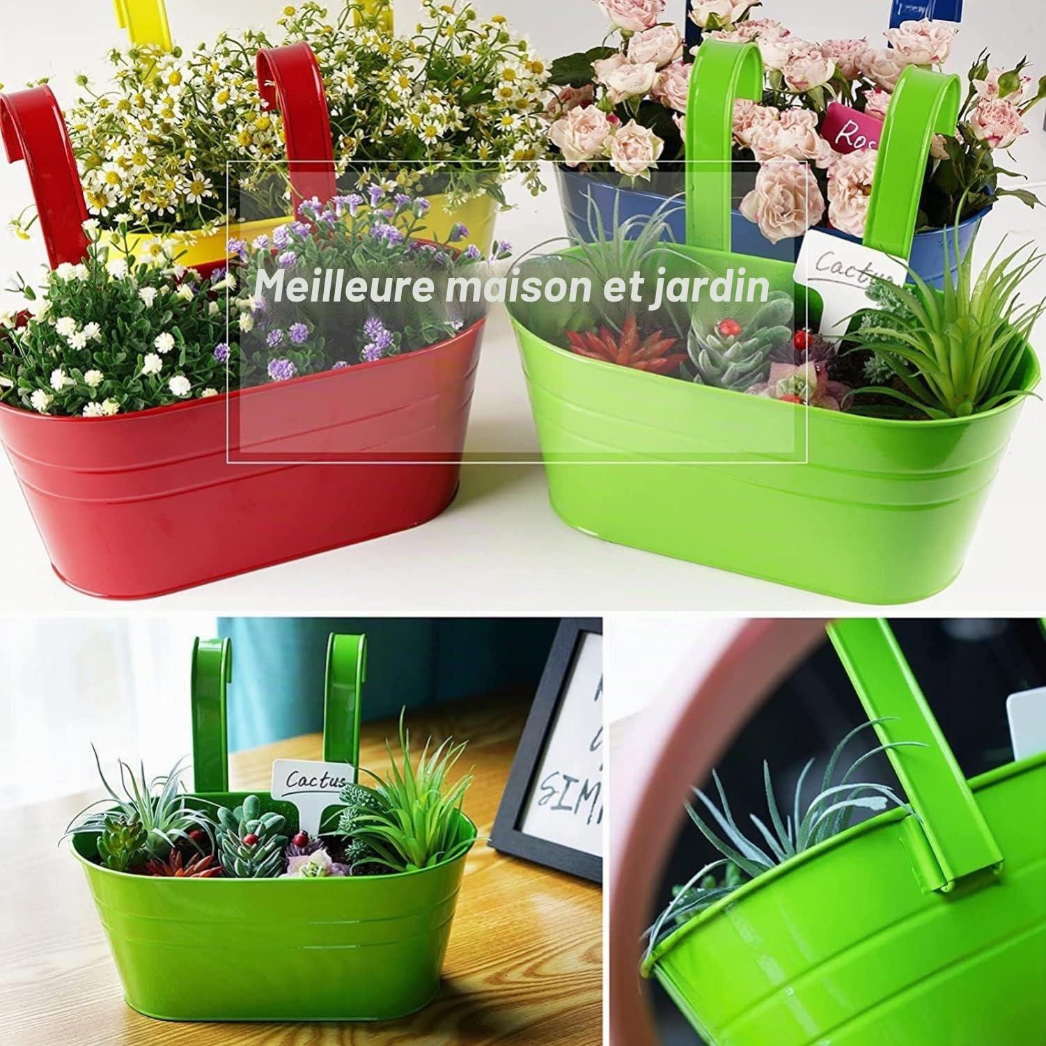 KAHEIGN 4 Pièces Métal Pots de Fleurs Suspendus, 27,5CM Grands Pots deFleurs Seau à Fleurs Suspendu avec Crochet Amovible pour Balcon Clôture Jardin Maison Décor (4 Couleurs)