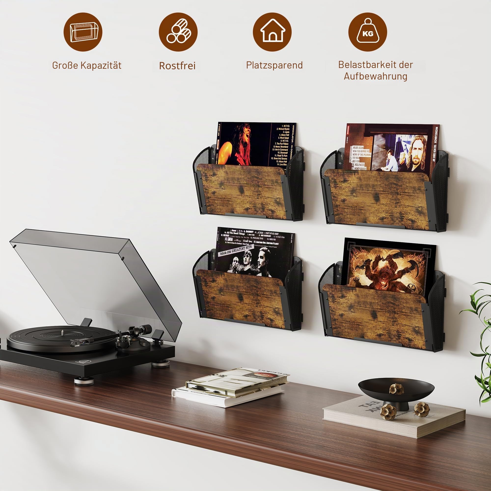 TQVAI 4 Taschen Zeitschriftenhalter Wand Metall Holz Dokumenten Organizer Papier A4 Flyerhalter Postsortierer Dokumentenablage für Büro Zuhause Schule, Schwarz/Antik
