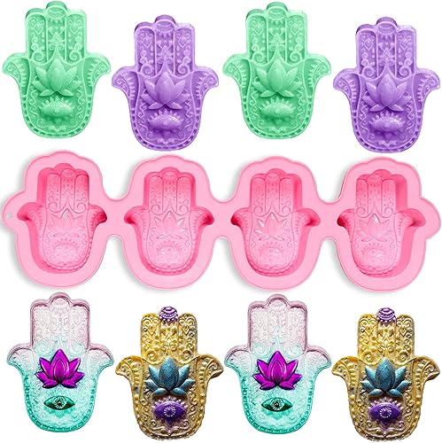 Actvty Hamsa - Moldes de silicona para jabón, 4 cavidades, moldes de silicona para manos de Fátima, molde de amuleto de palma para bricolaje, velas
