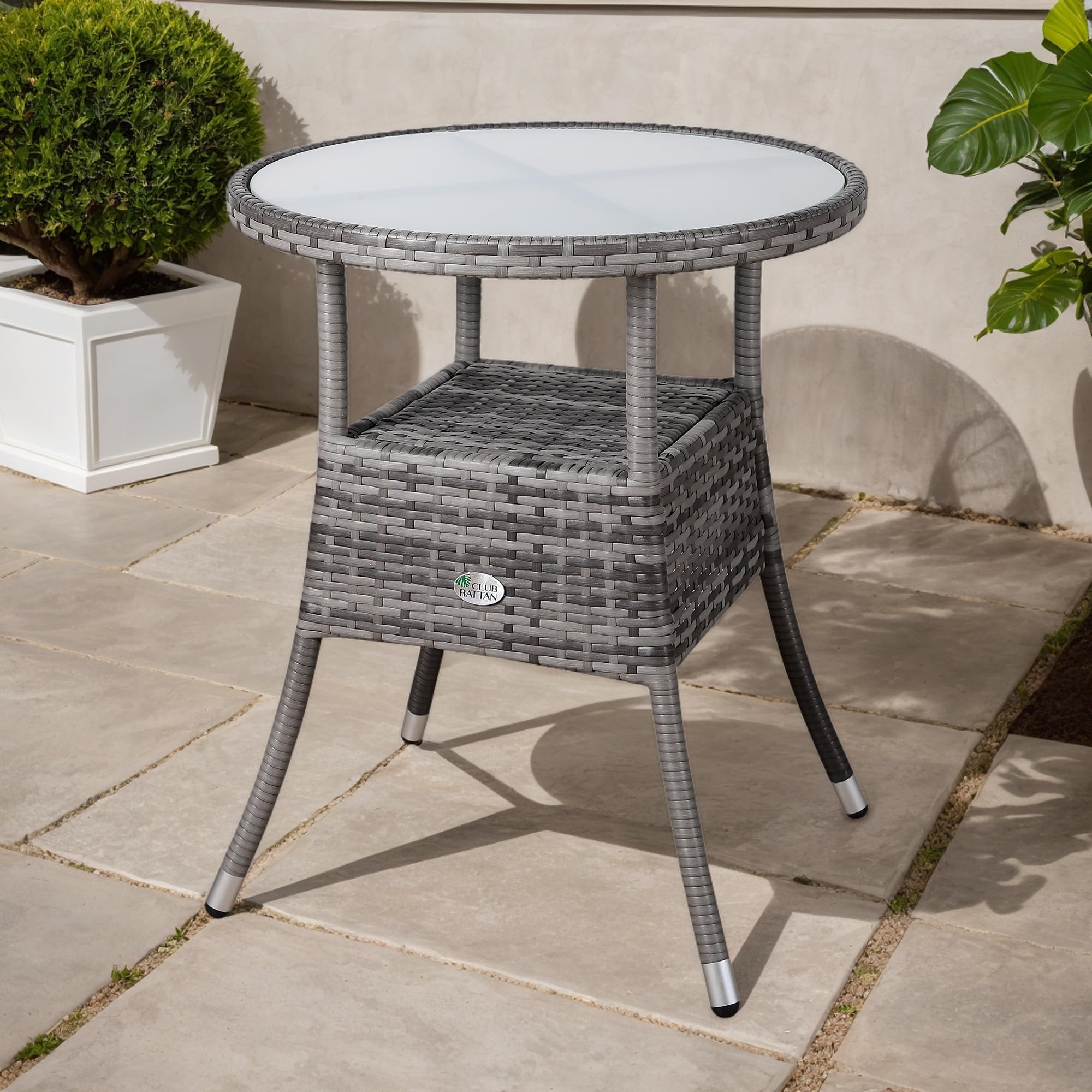 Club Rattan Round Coffee Table | Garden Table With Frosted Safety Glass Plate | Poly Rattan Outdoor Side Table | Weatherproof Patio Furniture | Balcony Bistro Cafe | 60cm | Grey