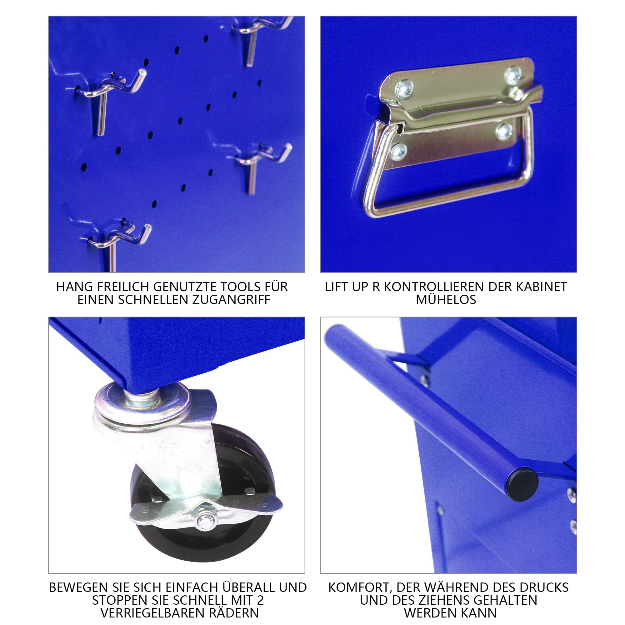 Generisch Carrello portautensili con 6 cassetti con contenitore arrotolabile bloccabile, 4 ruote universali (2 frenate) e pannello sospeso – organizzatore blu 2 in 1 per garage/officina