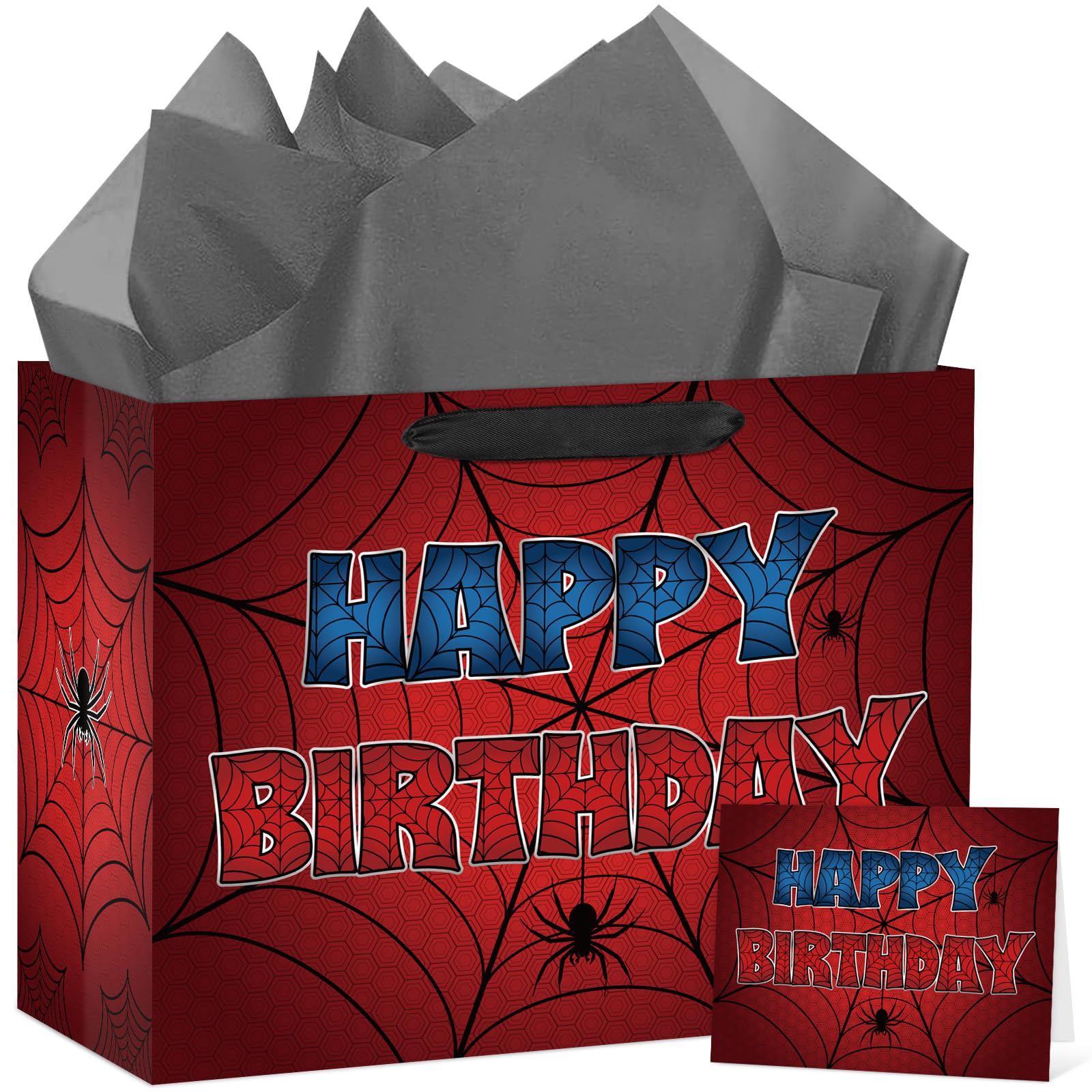 Hooqict Spider Gift Bag Happy Birthday Gift Wrapping Bag with Handles, Tissue Paper, Greeting Card for Kids Boys Teens Men Goodie Candy Treat Gift Box Spider Web Birthday Party Favors