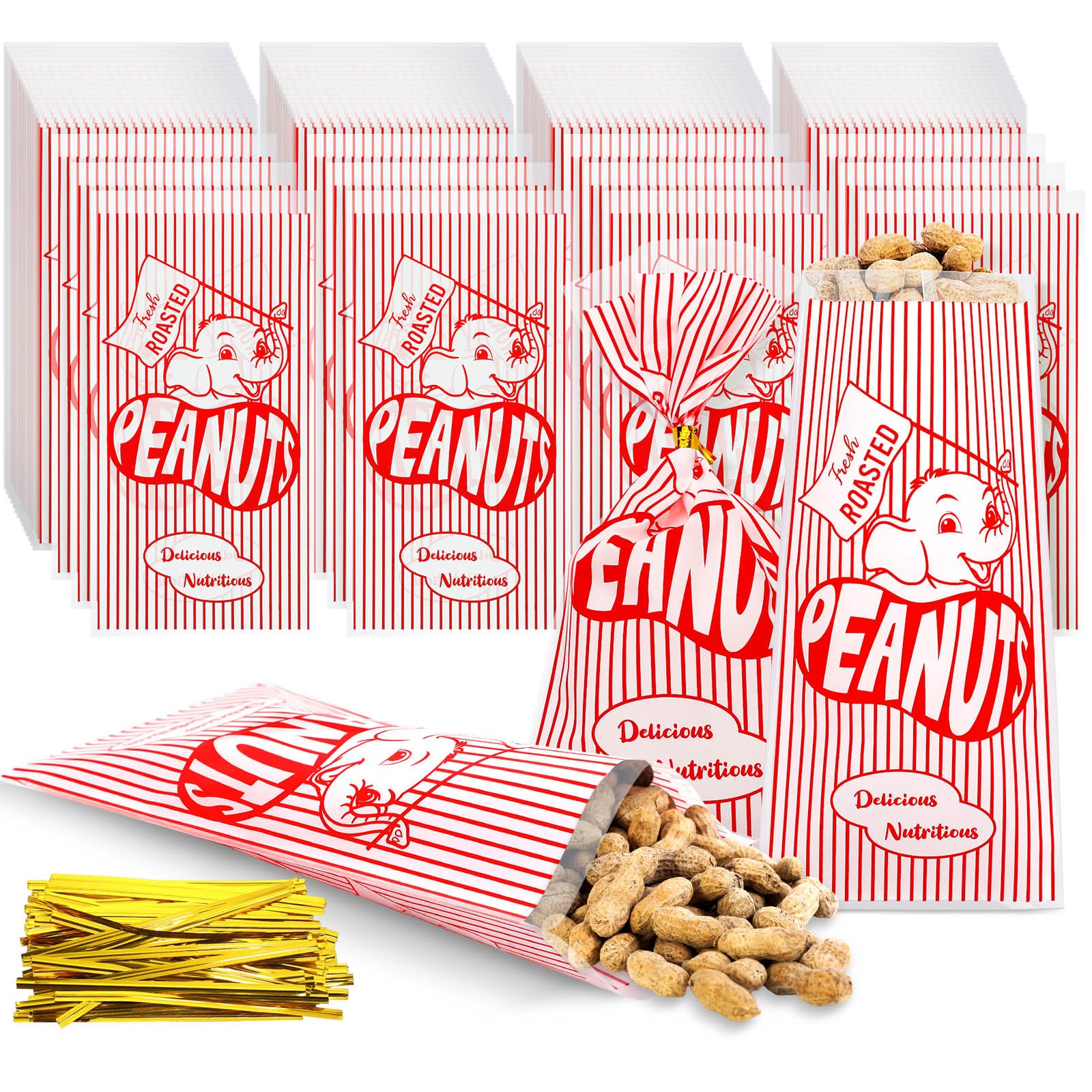 Marspark 100 Pcs Plastic Peanut Bags Bulk Fresh Roasted Wrapping Bags with Elephant Red and White Stripes Flag 3.5 x 7 Inch for Circus Carnival Theme Birthday Party Supplies