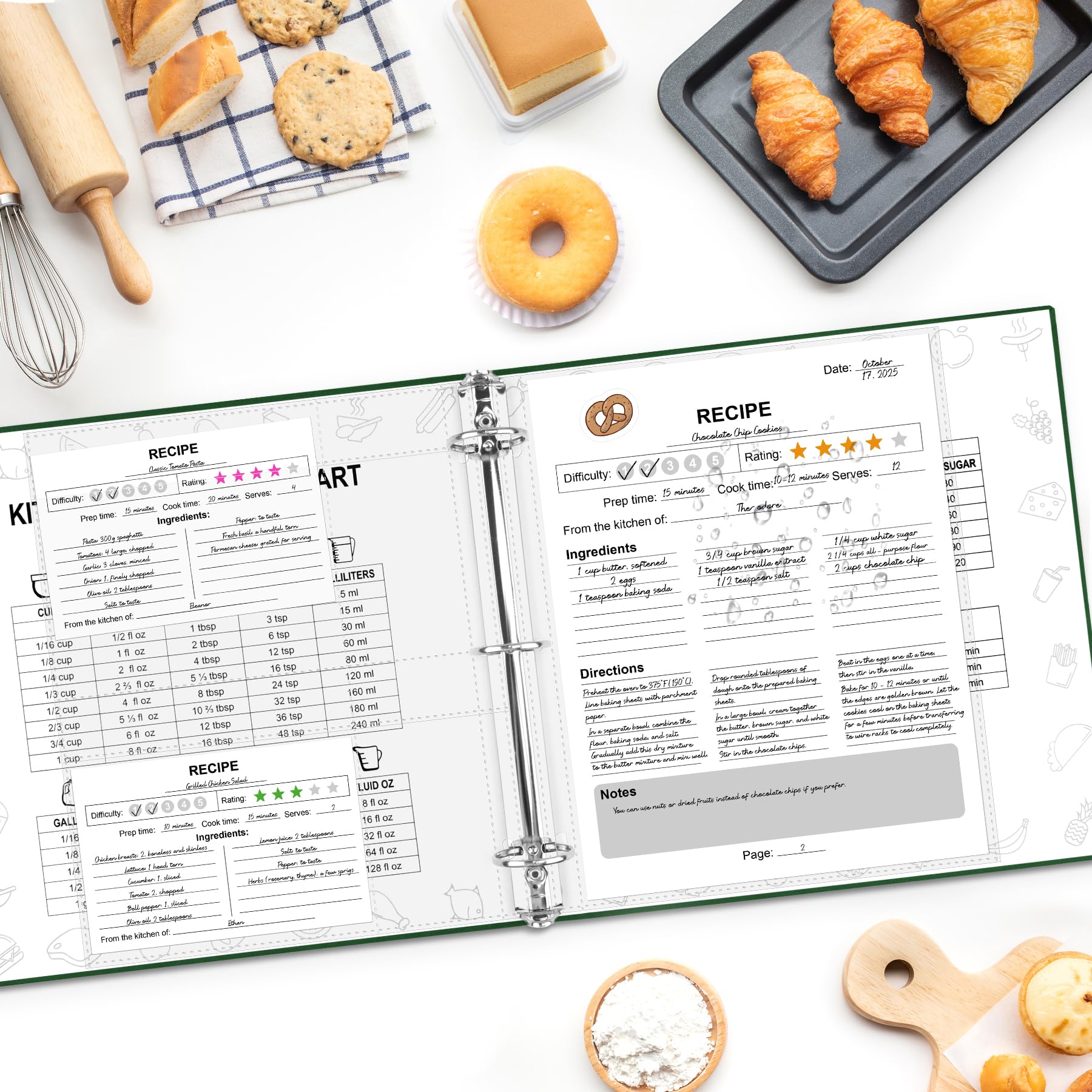 AKONEGE Raccoglitore per ricette 21,6 x 28 cm, set a 3 anelli, impermeabile, con 75 buste in plastica, 10 divisori, 100 biglietti per ricette, etichette e adesivi, libro di cucina con copertina rigida