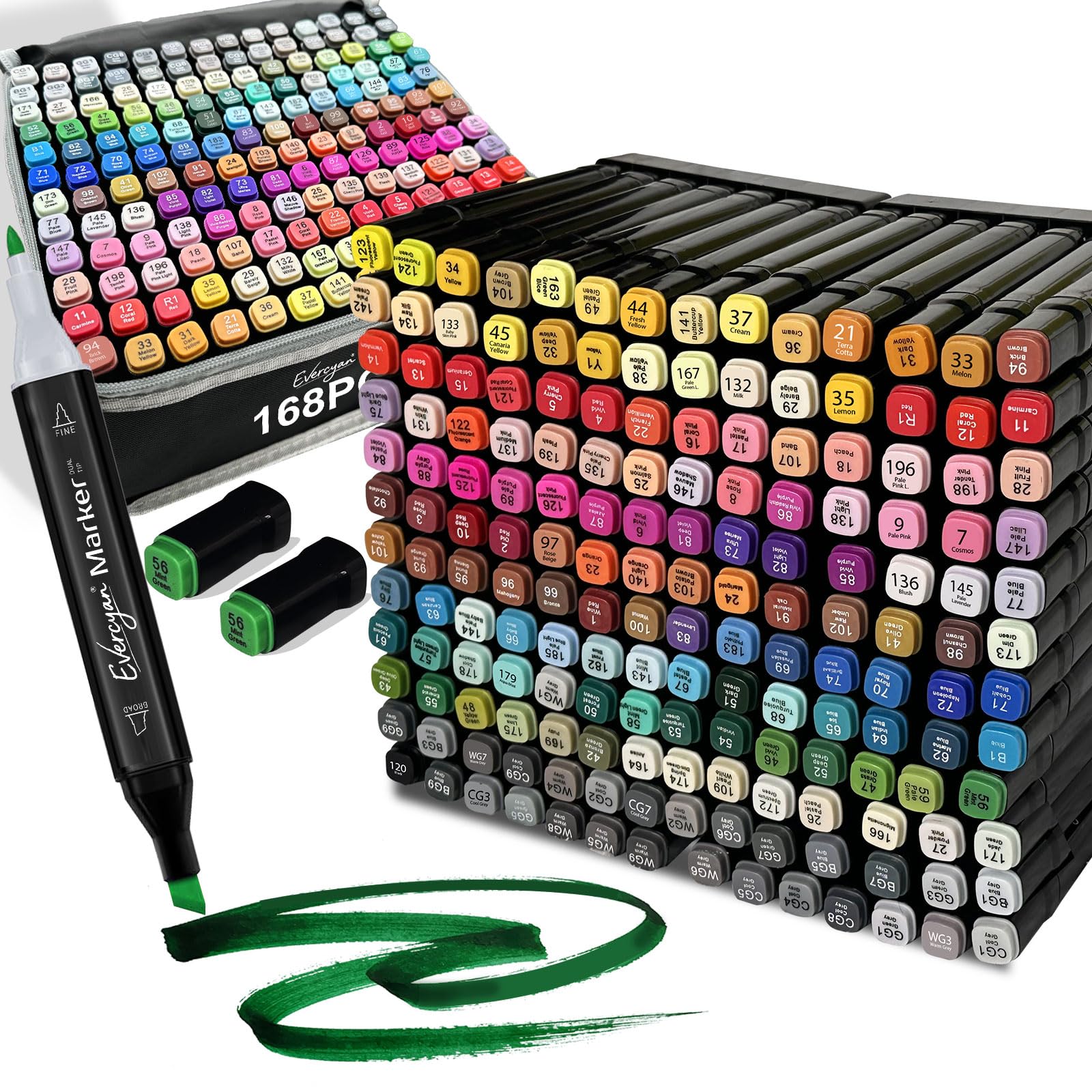 Evercyan 168 Colouring Pens for Adults, Dual Tip Alcohol Markers with Organizer Grid & Storage Bag, Art Markers with Single Strap, Permanent Marker Pens for Drawing, Sketching, Anime, Manga
