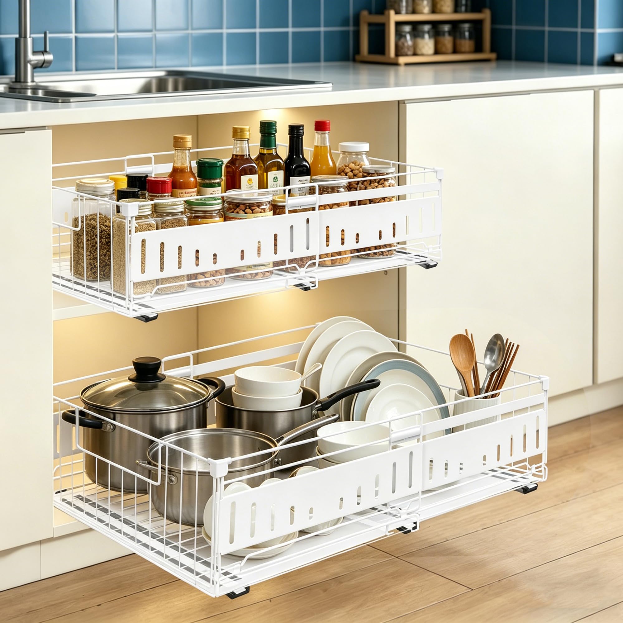 2 Stück Ausziehbare Schublade Küche, Teleskopschublade Inklusive Schubladenmatte, Einstellbarer Breite 33-51 cm, Küchenschrank Organizer ohne Bohren für Küche, Bad, Zimmern und Abstellräumen, (Weiß) | Mit Schubladenmatte, Ausziehbreite (33-50 cm), 3 Gleit