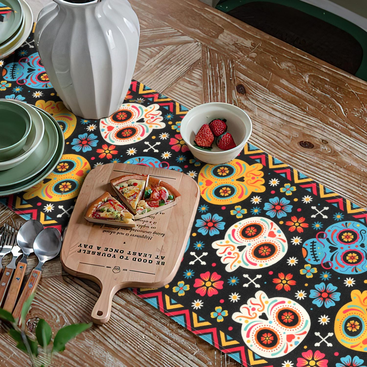 Mexican Floral Table Runner 72x13 Inches - Linen Day Of The Dead & Cinco De Mayo Decor For Dining Table