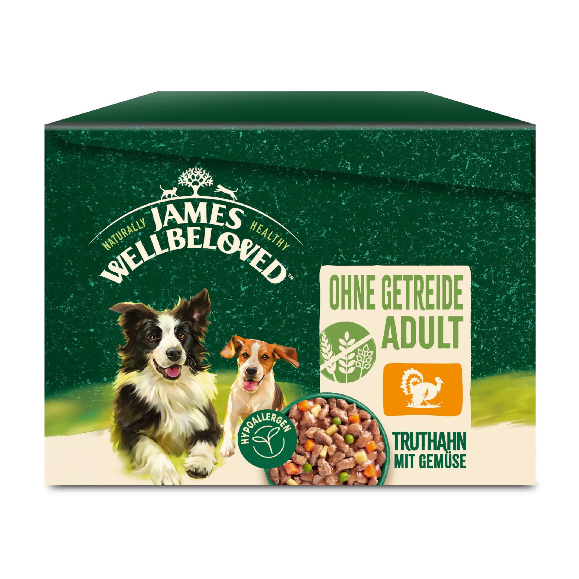 James WELLBELOVED 12 x 90g Hund Portionsbeutel Nassfutter ohne Getreide, Truthahn & Gemüse in Sauce