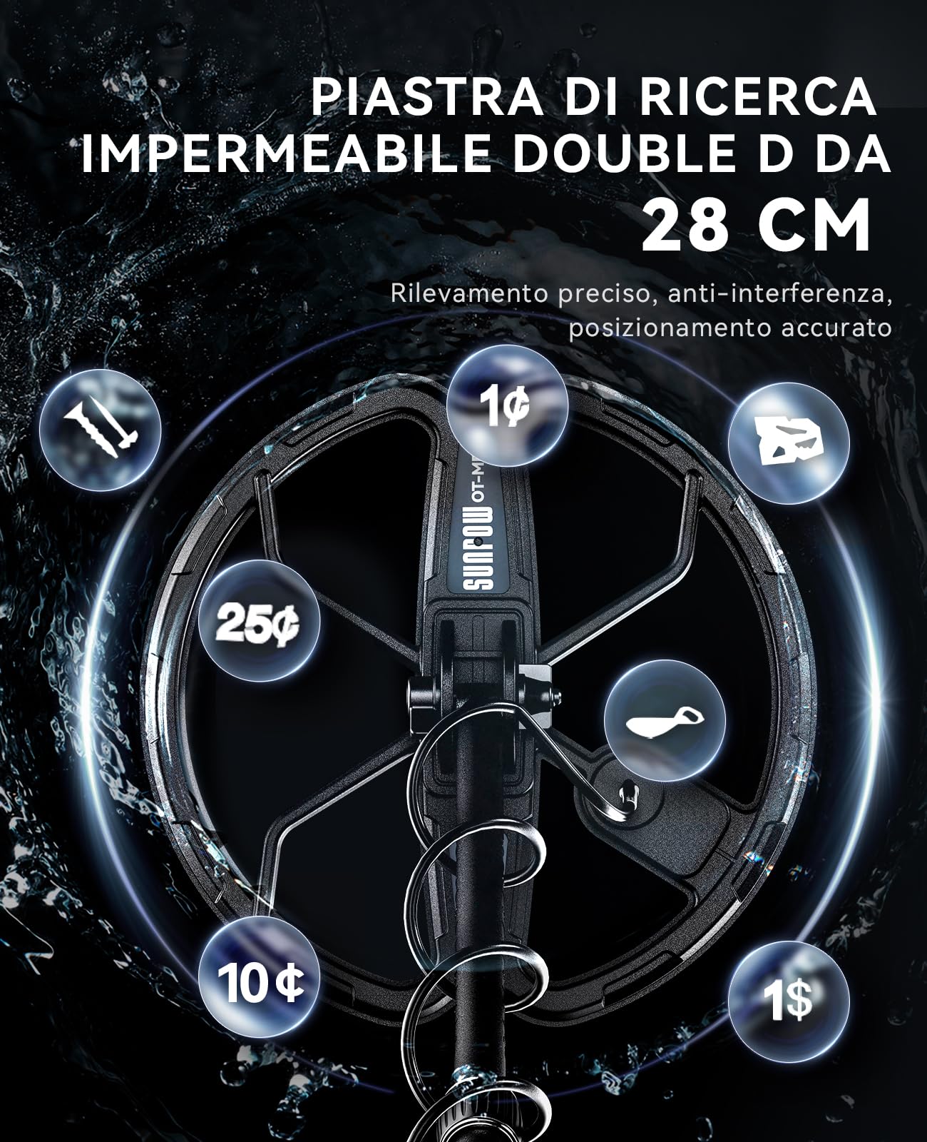 SUNPOW Metal Detector Professionale Ricaricabile per Adulti – Batteria 2500 mAh (35 h) – Metal Detector Impermeabile Oro IP68 con Bobina Double-D 25 cm, 4 modalità, Struttura Robusta – OTMD15