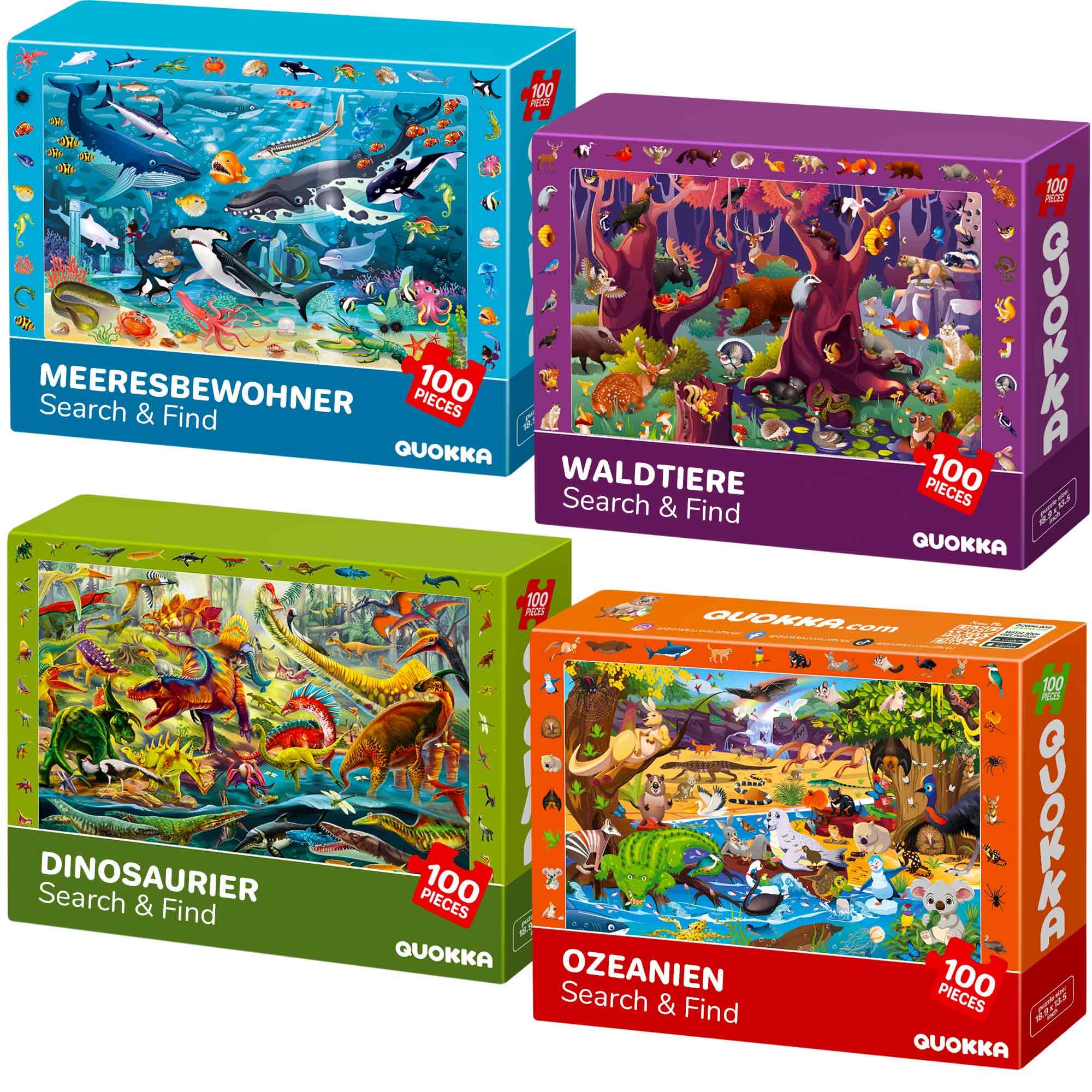 Boden Puzzle ab 3 4 5 Jahre – 3er-Set Spiele für Kinder by QUOKKA – 100-teilige Kinderpuzzle mit Wald Meerestiere & Dinosaurier – Lernspielzeug für Mädchen & Jungen 6 7 8 Jahren