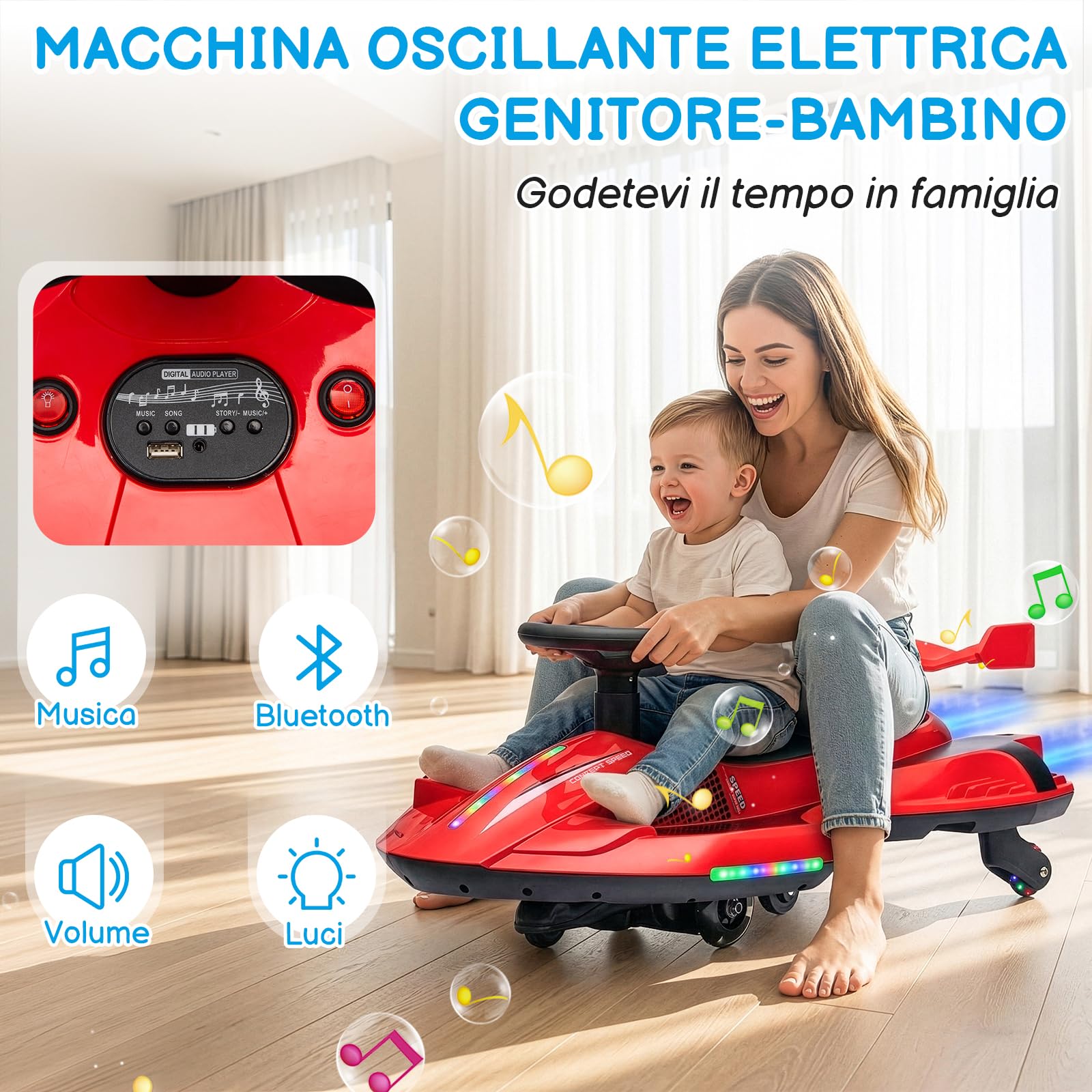 LALAHO Coche Eléctrico para Niños 12V, Coche de batería con Pedal, vehículo eléctrico 2 en 1 con 2 velocidades, Luces LED, protección antivuelco y Ruedas iluminadas, 3 años+ (Rojo-Negro)