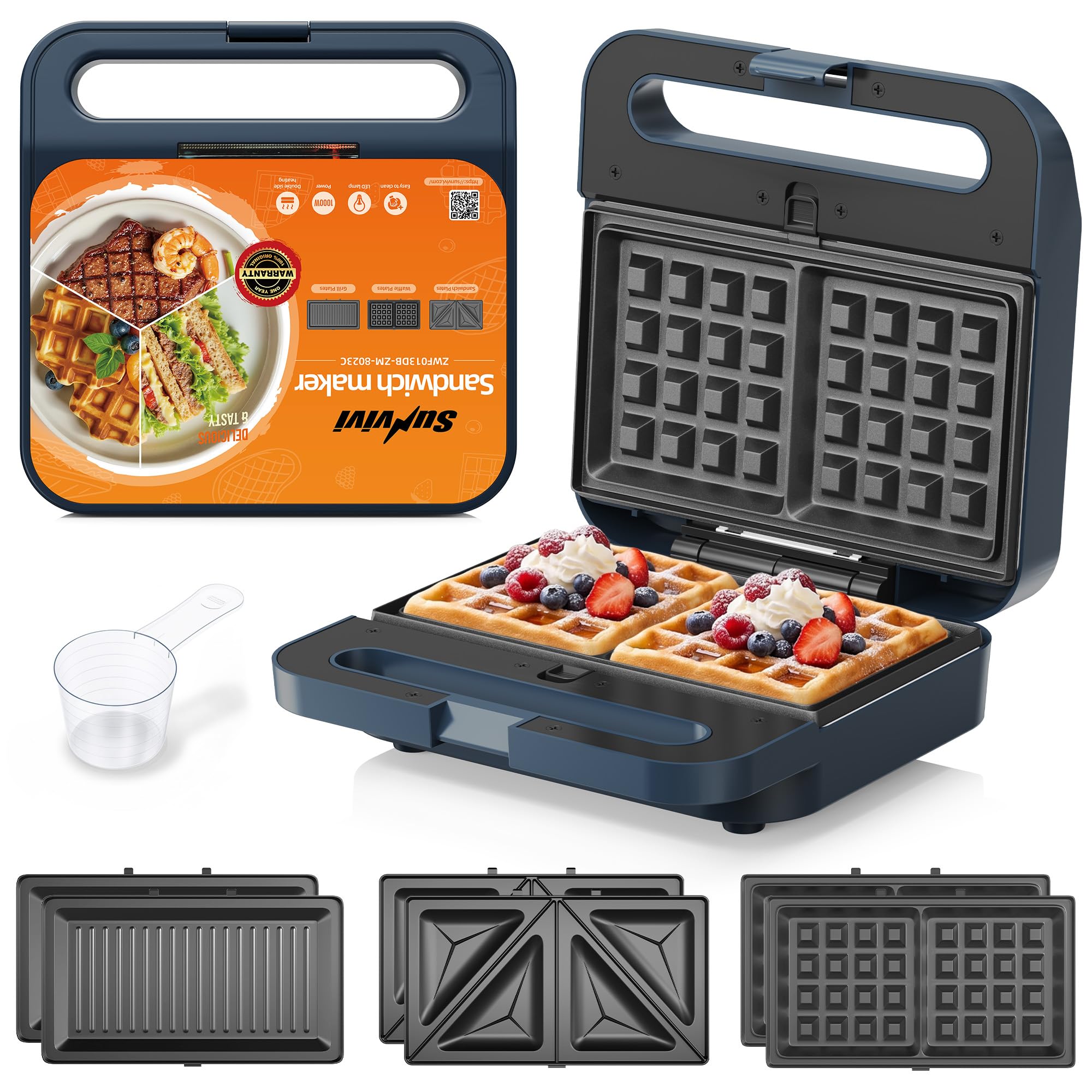 3 in 1 Electric Sandwich Maker with Removable Nonstick Plates - 1000W,Blue