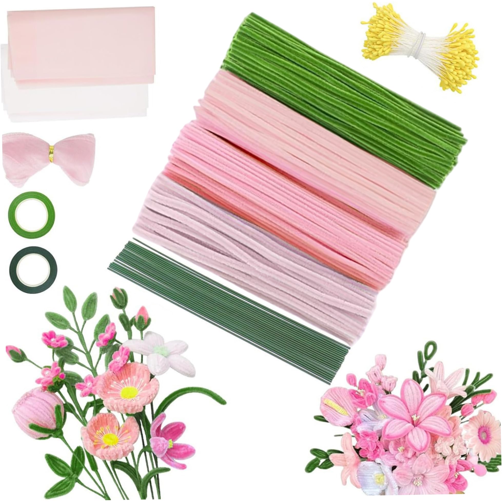 Pipe Cleaner Flower Kit, Cleaners Kit - 400 Pcs Pastel Tulips with Sticks & Accessories for DIY Craft, Floral Making