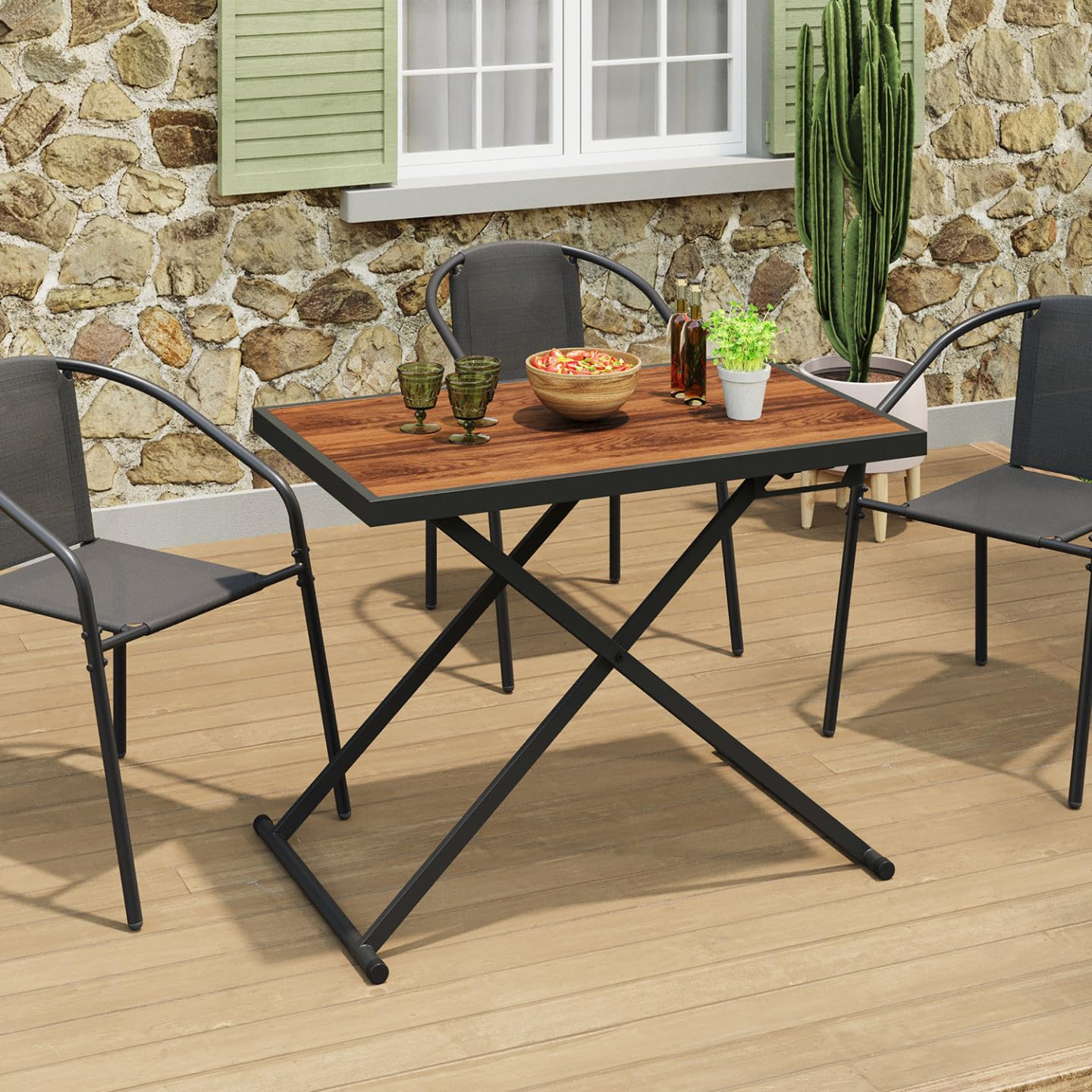Table de Jardin à Hauteur réglable 3 Positions Olie 100 cm Métal Noir Plateau Effet Bois