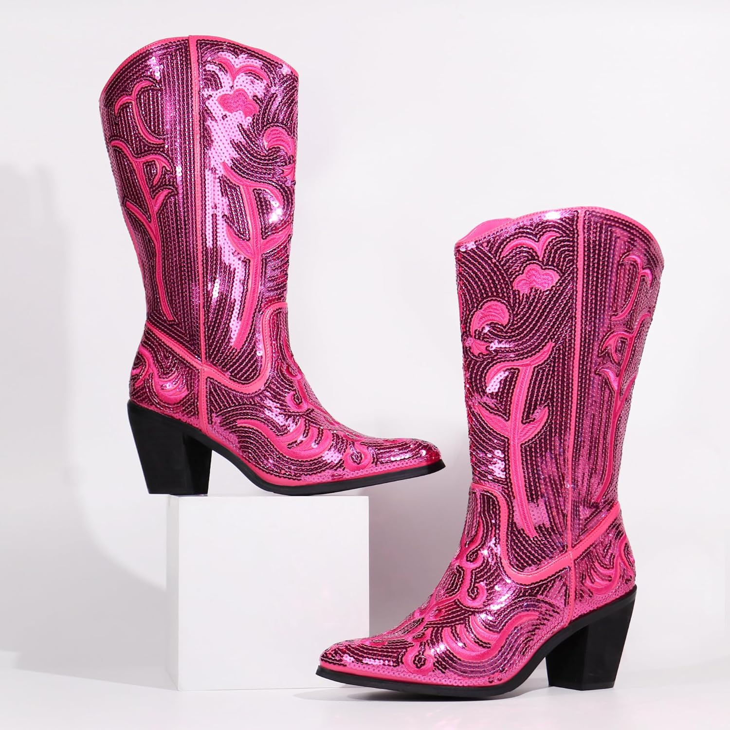 Hawkwell Women's Sequin Mid Calf Western Cowboy Boots Wide High Fashion... - Picture 18 of 30