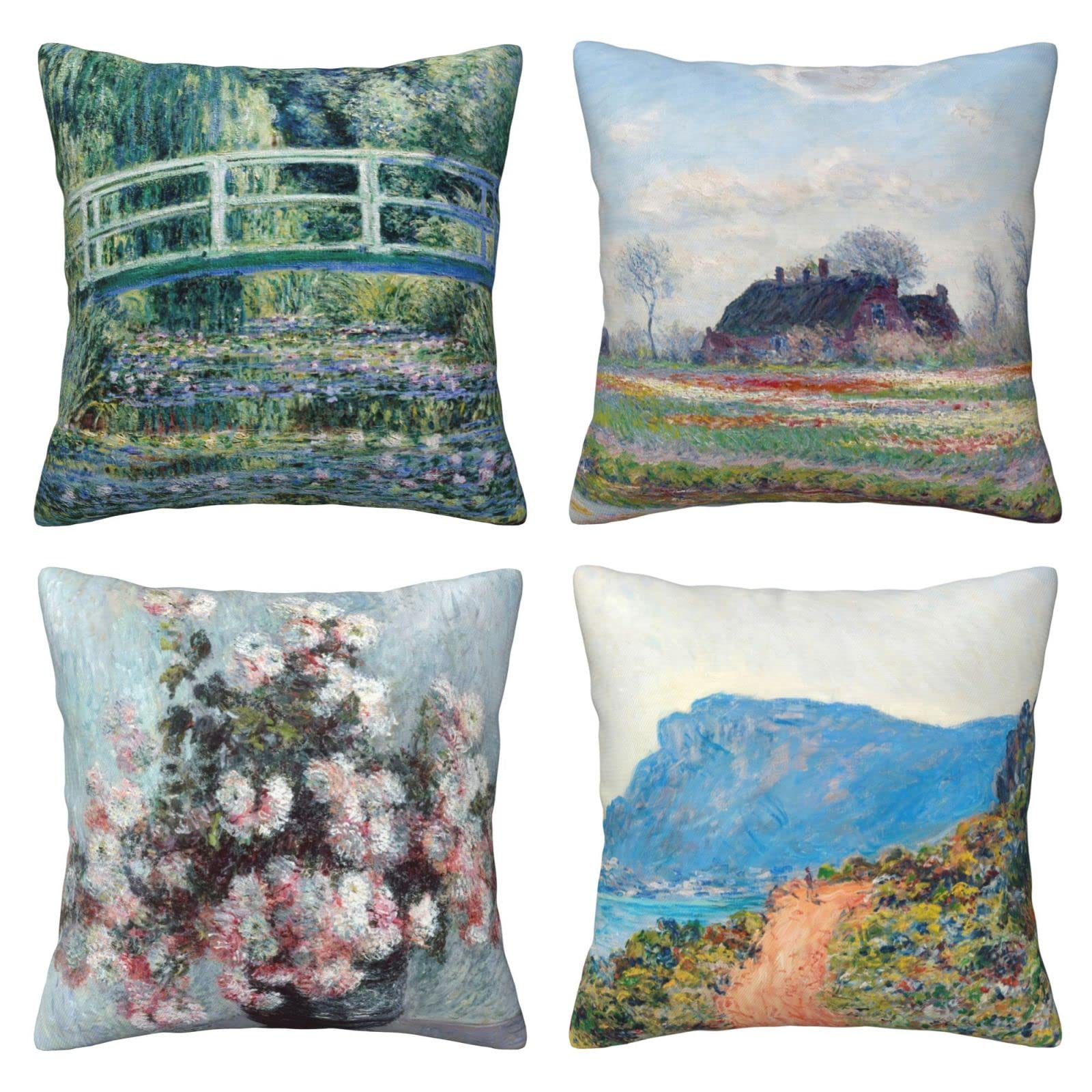 LOHDALOLF Claude Monet Cushion Covers 45x45 cm Set of 4 Landscape Impressionism Famous Painting Pillow Cases Modern Decorative Cushion Covers for Sofa Couch