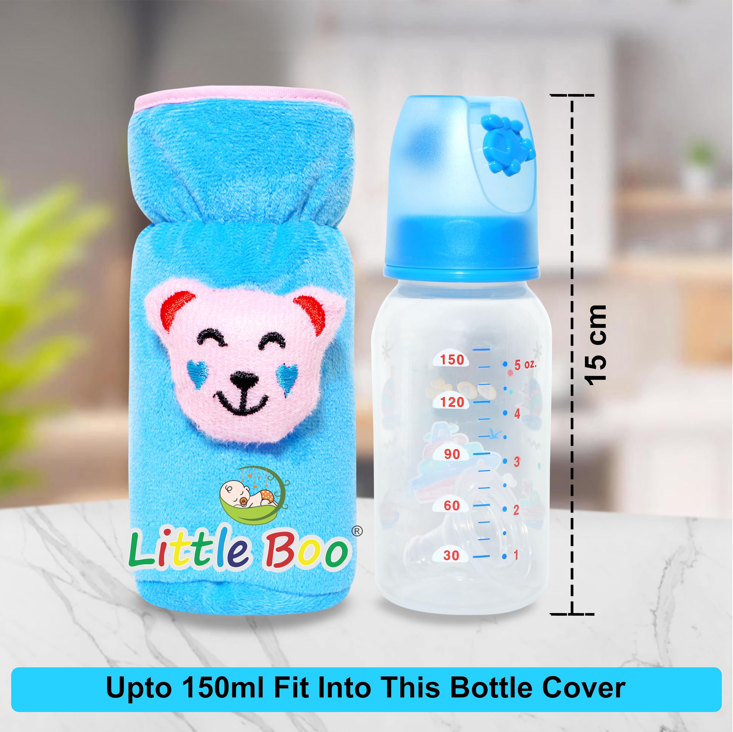 Little Boo Soft Plush Stretchable Baby Feeding Bottle Cover with Easy to Hold Strap | Cute Design Valvet Pack of 2 (Blue and Pink,Narrow Neck Fits Upto 150ml) - Image 2 thumbnail