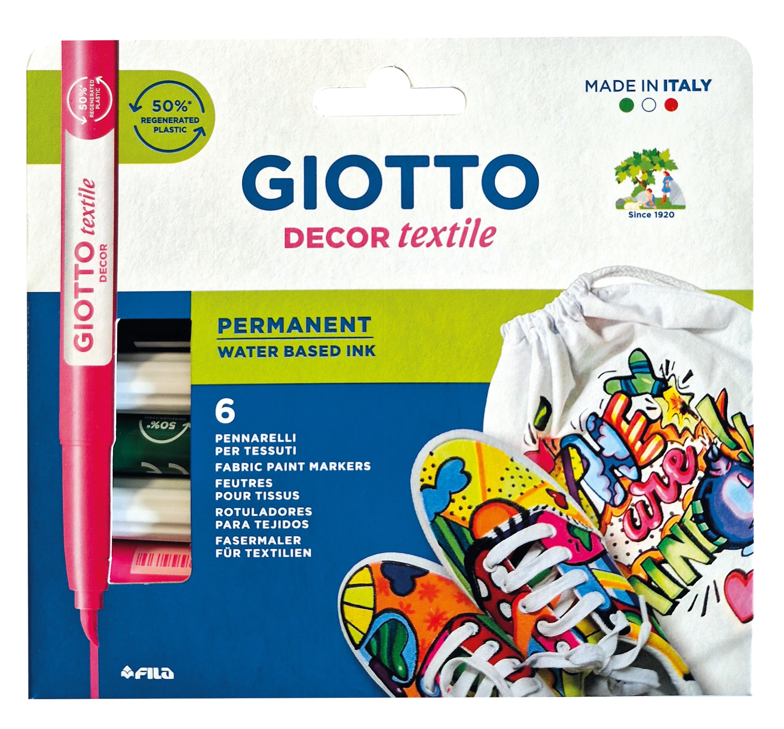 GIOTTO Decor Textile, Rotuladores para Tejidos, Punta de Pincel, Estuche sin plástico, Colores Surtidos, 6 uds.
