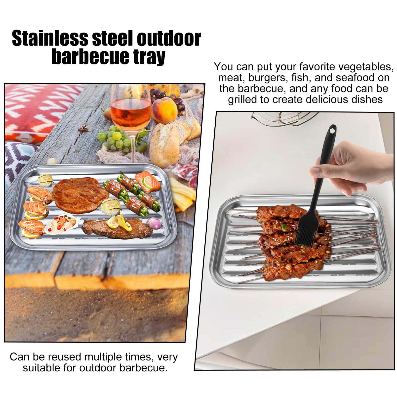 Juego de 2 bandejas para barbacoa con 2 cepillos de silicona, cesta de acero inoxidable para exteriores, bandeja reutilizable para barbacoa, accesorios para verduras, carne, carne, queso y br