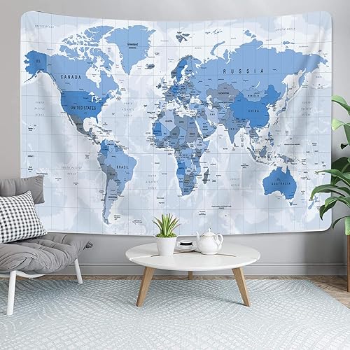Miniatura 1 de Tapiz azul con mapa del mundo antiguo, tapiz colgante de pared para niños y estudiantes, tapiz vintage de Asia Europa, América, África, Japón,