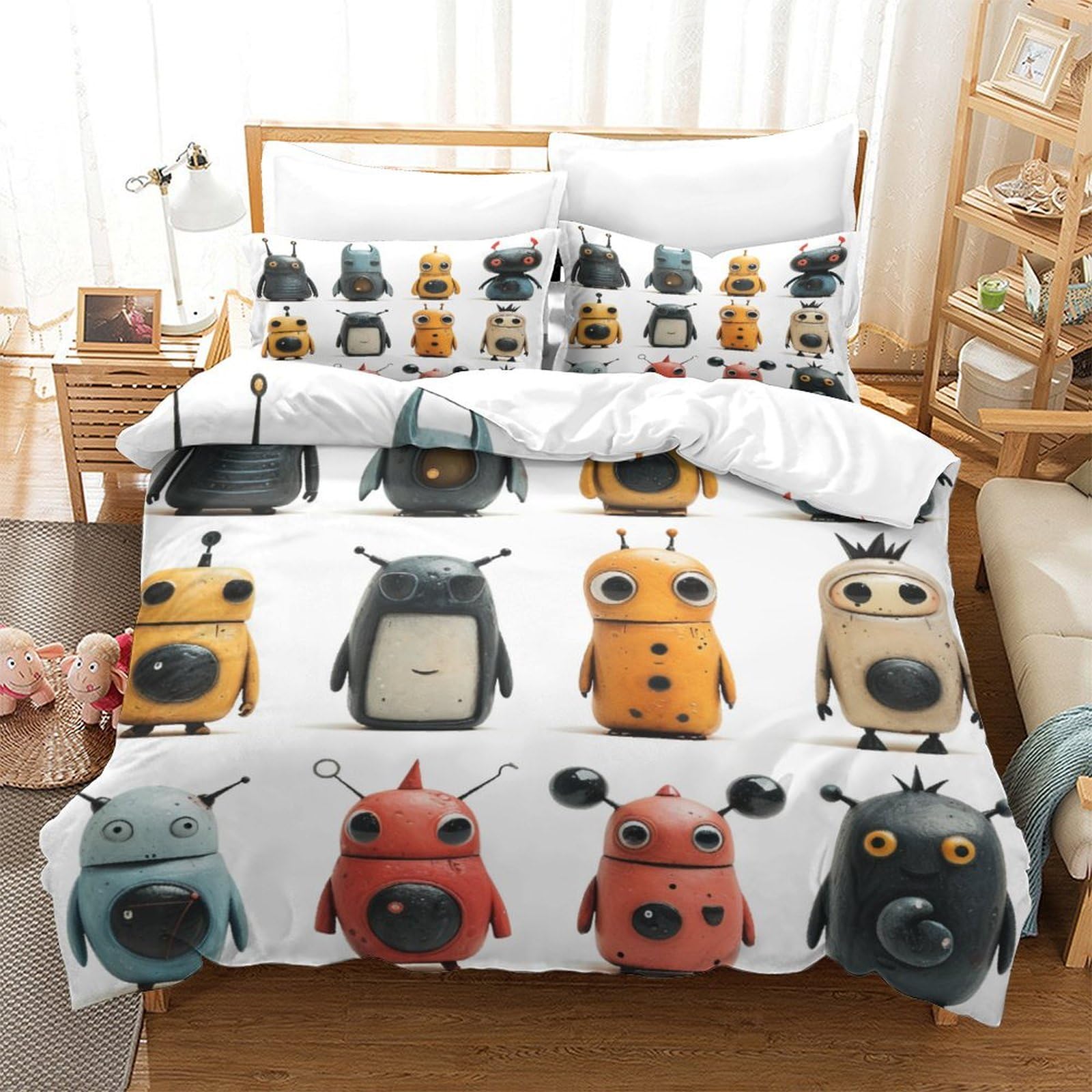 P1S9U7W5Y Playful Robots 3D Printed Duvet Cover Set 3pcs Microfiber Robots Bedding Set Super king（260x220cm）
