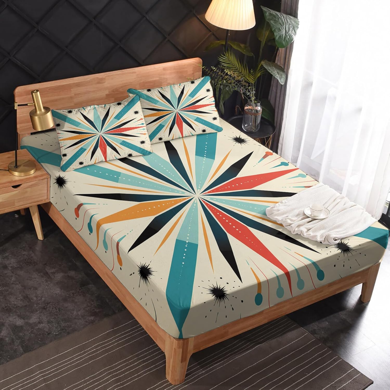 Starburst Bed Sheets Queen Size, Mid Century Modern Sheet Set, Soft Microfiber Deep Pocket Wrinkle Free Fitted Sheet & Flat Sheet & Pillowcase Sets, Retro Abstract Bedding Sheets - 4 Piece