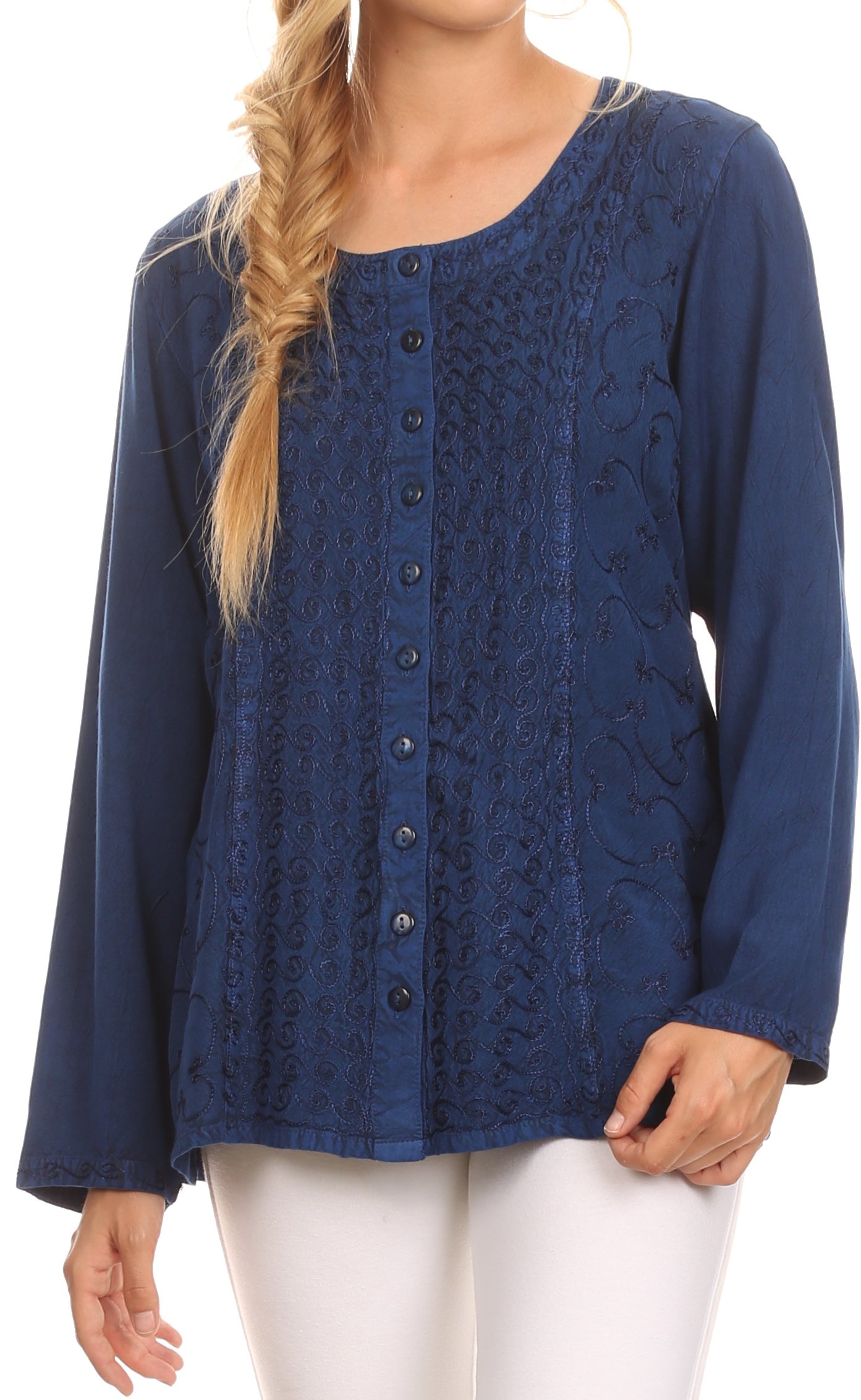 Sakkas Fedella Deep Scoop Neck Long Sleeve Blouse Top with Adjustable Back Straps
