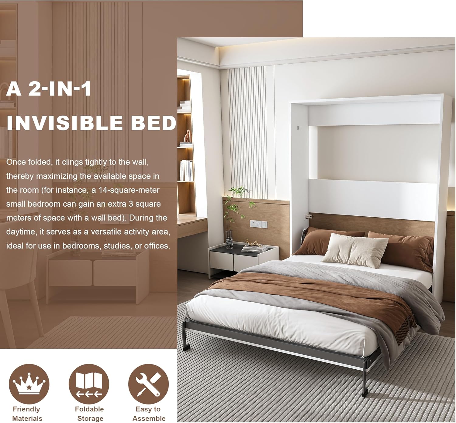 SOFTSEA Queen Size Murphy Wall Bed, Space Saving Hidden Wall Bed Cabinet, Wood Foldable Murphy Bed Frame with Metal Slats for Home Office Guest Room, Heavy-Duty Support, White