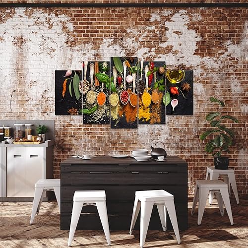 Miniatura 4 de Arte de pared grande de 5 piezas de cocina, varias hierbas y especias en cuchara, impresiones en lienzo para decoración de pared, arte enmarcado