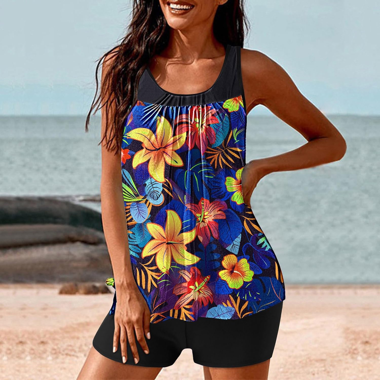 Tankini Swimsuit for Women Tummy Control Athletic Two Piece Bathing Suit Modest Swimwear Swim Top with Boy Shorts