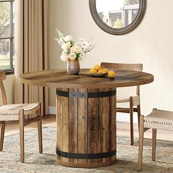 Tribesigns Farmhouse Round Dining Table, 39.37-Inch Dining Table for 4, Round Kitchen Desk with Spliced Tabletop and Fence Base, Dinner Desk for Kitchen Living Room Rustic Brown, Only Table