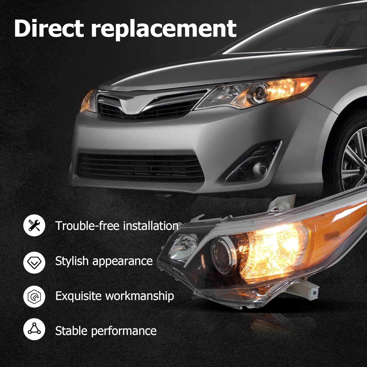 Headlight Assembly Pair Replacement for 2012-2014 Toyota Camry SE Projector Left and Right Headlights Front Head Lamps (8115006470 8111006470)